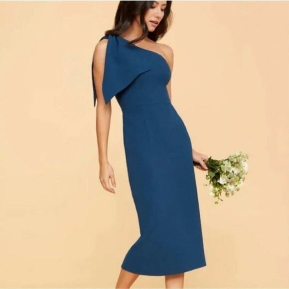 Dress The Population Tiffany Ruffle One Shoulder Bow Midi Dress - Picture 1 of 12